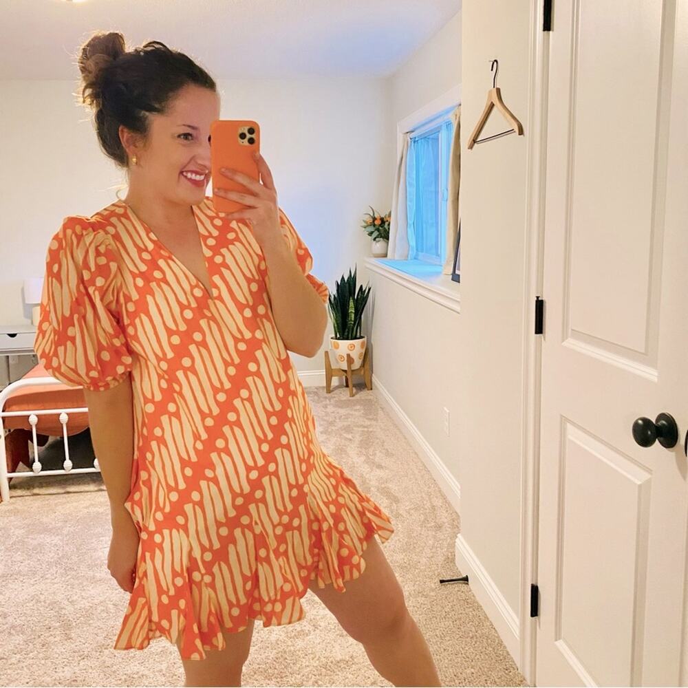 NWT Rhode Orange Tan Batik Cotton Puff Sleeve Mini Dress XS
